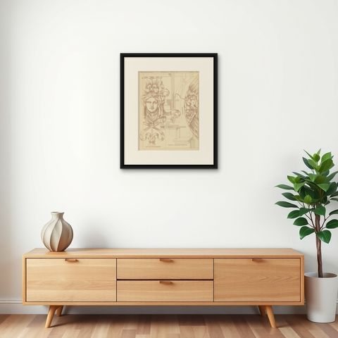Pl. 35 Antique Print of Furniture Details by Kramer 'circa 1910', shown framed on a wall, true to size