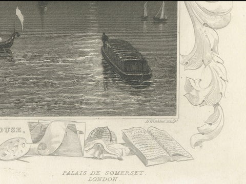 Thames Embankment and the Grandeur of Somerset House: A Steel Engraving, 1835, close-up 2