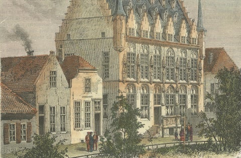 1875 Engraving of the Historic City Hall in Veere in Zeeland by E. Thérond, close-up 1