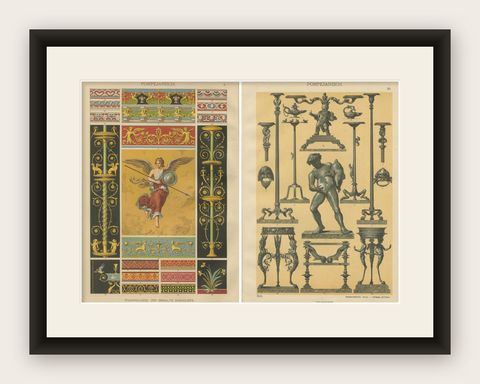 Antique Pompeian Wall Painting and Bronze Design Prints, Italy-Inspired, 1887, shown framed