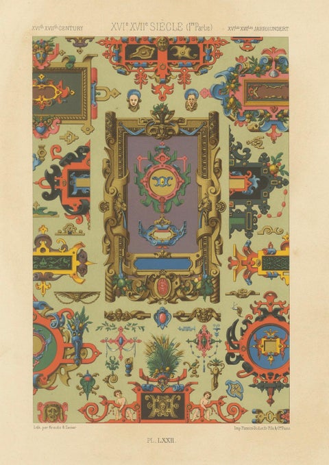 16th–17th C. Renaissance Grotesques, Lavish Ornament Panel, Pl. LXXII, 1869, close-up 6