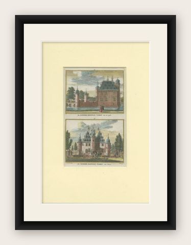 Antique Print with Two Views of a Castle in Meern, The Netherlands, c.1750, shown framed