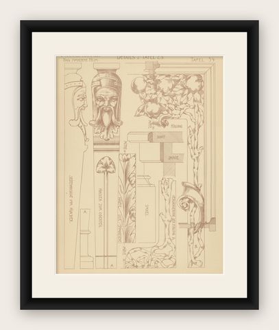 Pl. 34 Antique Print of Furniture Details by Kramer, circa 1910, shown framed