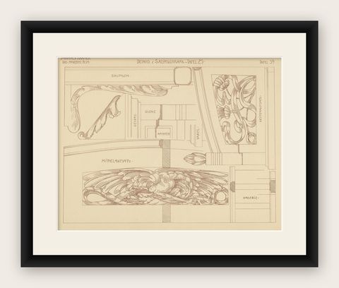 Pl. 39 Antique Print of Furniture Details by Kramer, circa 1910, shown framed