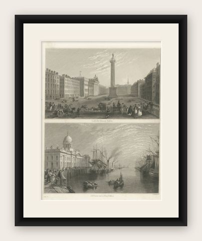 Engraving of Sackville Street and Customs House, Dublin, 1849, shown framed