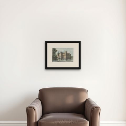 Antique Hand-Colored View of Muiden Castle, the Netherlands, ca.1895, shown framed on a wall, true to size