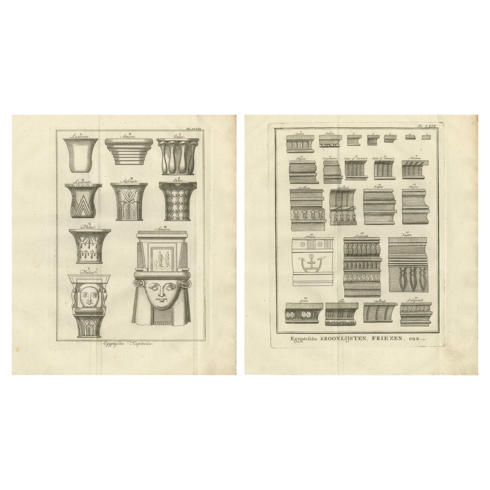 Architectural Study of Egyptian Capitals and Friezes, c.1776 Engraving Set