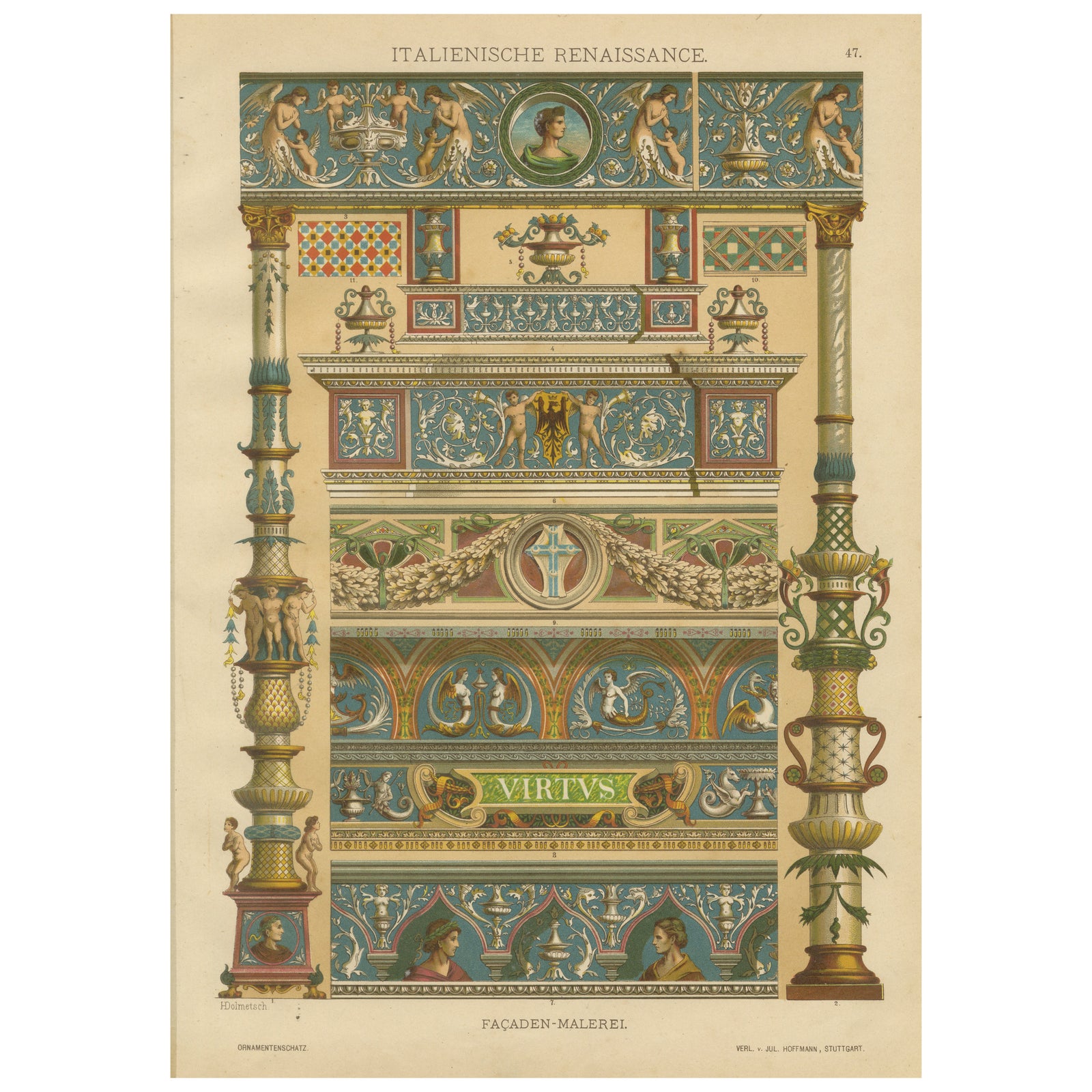 Italian Renaissance Architectural Frieze Print with Virtus Motto, 19th Century