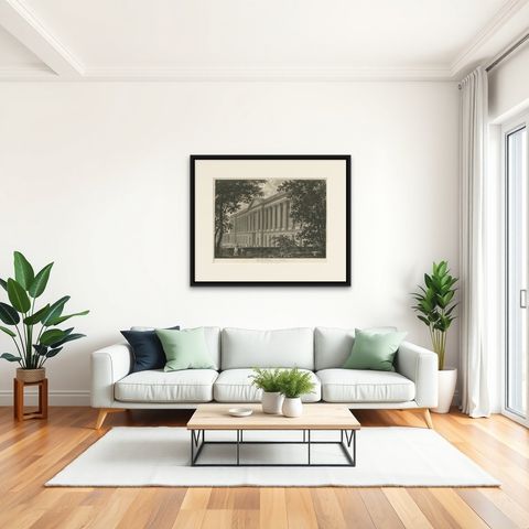 Antique Louvre Paris Colonnade Architectural Engraving, French Neoclassical 1803, shown framed in a room, true to size