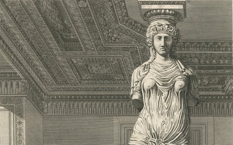 Architectural Engraving of a Caryatid, Cabinet d'Henri IV, by Baltard, ca.1800, close-up 3