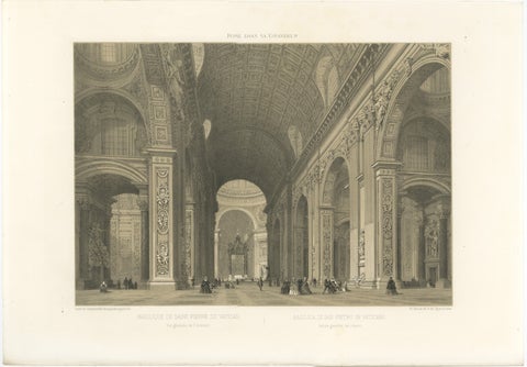 Interior of St. Peter’s Basilica Vatican Rome, Benoist Lithograph 1869, view 2