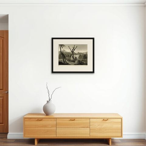Antique Print of the Tomb of the Raja of Taybeno on the Island Timor, 1825, shown framed on a wall, true to size