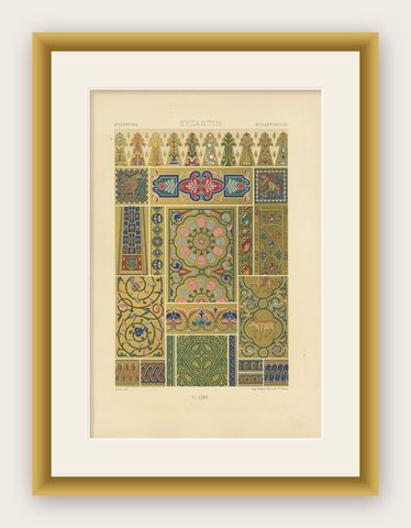 Antique Print of Byzantine Ornaments by Racinet, circa 1890, shown framed