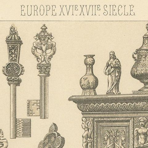 Pl. 76 Antique Print of European XVIth-XVIIth Furniture by Racinet, circa 1880, close-up 1