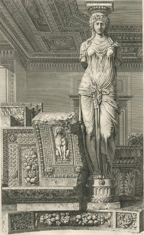 Antique Caryatid Sculpture of the Louvre Interior, Baltard Paris 1803, close-up 2