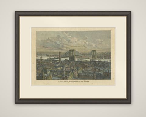 The Brooklyn Bridge Over the East River, Between Long Island and New York, 1883, shown framed
