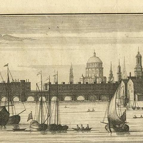 Antique Print with Views of the London Bridge and Westminster Bridge, 1754, close-up 1