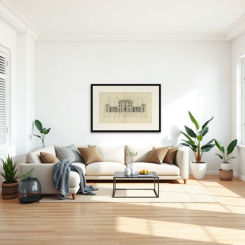 Antique Architectural Elevation of Sandon Hall, Staffordshire in England, c.1770, shown framed in a room, true to size