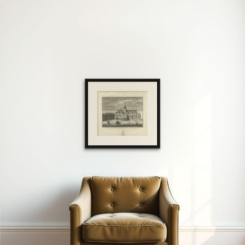 Antique Print of the City Hall of Gorinchem or Gorkum in The Netherlands, 1755, shown framed on a wall, true to size