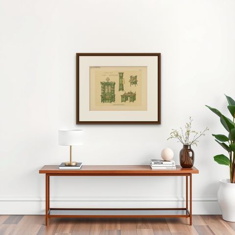 Pl 53 Antique Print of Library Furniture by Kramer, 'circa 1910', shown framed on a wall, true to size