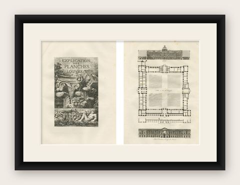Antique French Architectural Engravings Pair, Baltard Louvre Plates, Paris 1803, shown framed