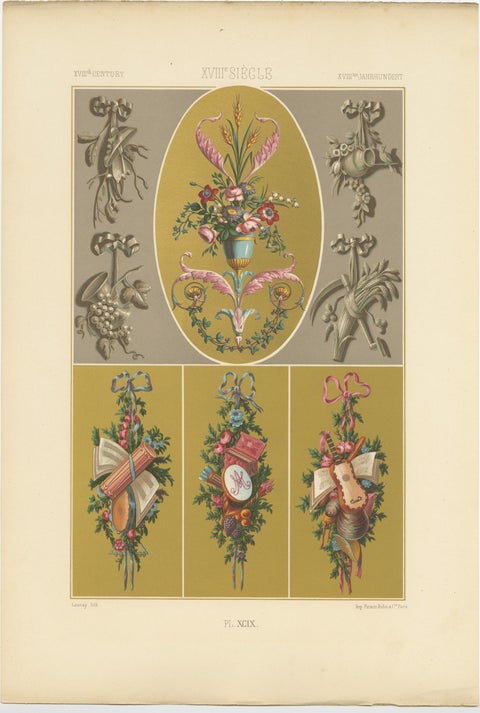 Pl. 99 Antique Print of XVIIIth Century Ornaments by Racinet, circa 1890, view 3