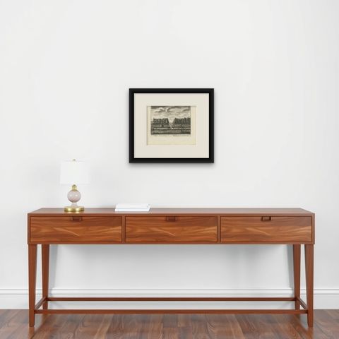 Antique Print of Estate Wallestein Near Utrecht, the Netherlands, 1719, shown framed on a wall, true to size