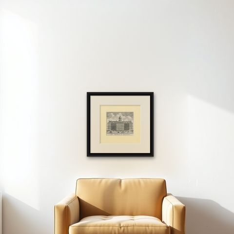 Antique Print of the City Hall of Amsterdam, Capital of The Netherlands, 1739, shown framed on a wall, true to size
