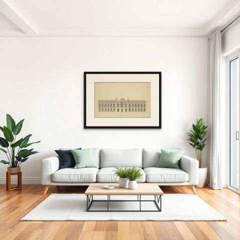 Neoclassical Grandeur: An Architectural Study from the Early 1700s, shown framed in a room, true to size