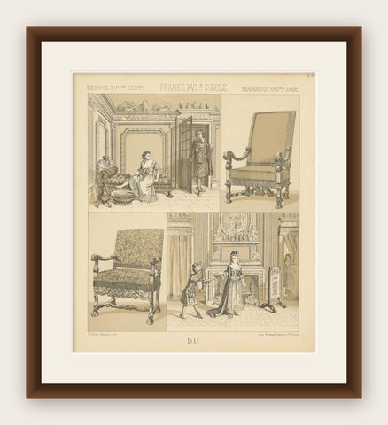 Pl. 22 Antique Print of French XVIIth Century Furniture by Racinet, circa 1880, shown framed