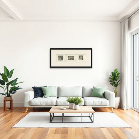 French Neoclassical Architecture Engravings Set, Château d’Écouen, 1803, shown framed in a room, true to size