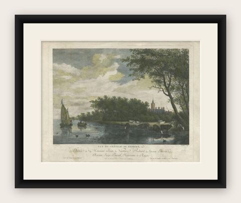 Antique Print with a view of Chateau Rijswijk by Bacheley, 1773, shown framed