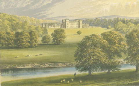 Floors Castle Estate View, Scottish Castle Landscape Engraving, c1850, close-up 2