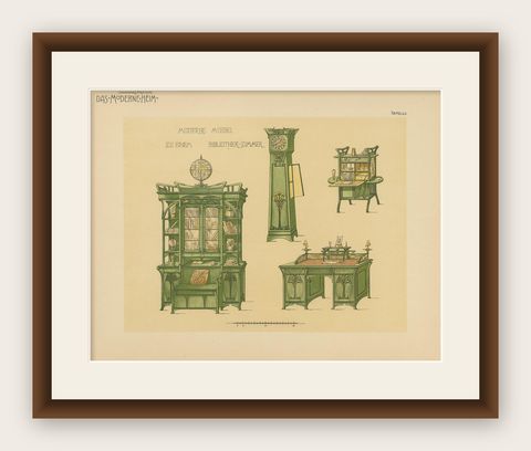 Pl 53 Antique Print of Library Furniture by Kramer, 'circa 1910', shown framed