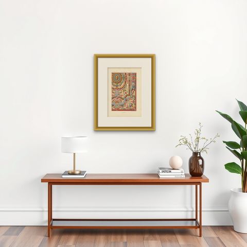 Pl. 87 Antique Print of XVIIIth Century Ornaments by Racinet (c.1890), shown framed on a wall, true to size