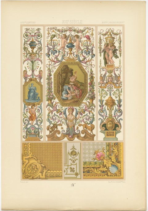 Pl. 104 Antique Print of 17th Century Interior Decor by Racinet, circa 1890, view 2