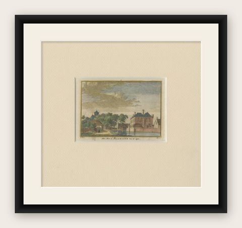 Antique Print of 'Huis Te Baarland' a Castle in Borsele, the Netherlands., shown framed