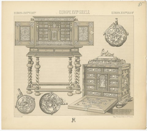 Pl 85 Antique Print of European 17th Century Furniture by Racinet, view 3