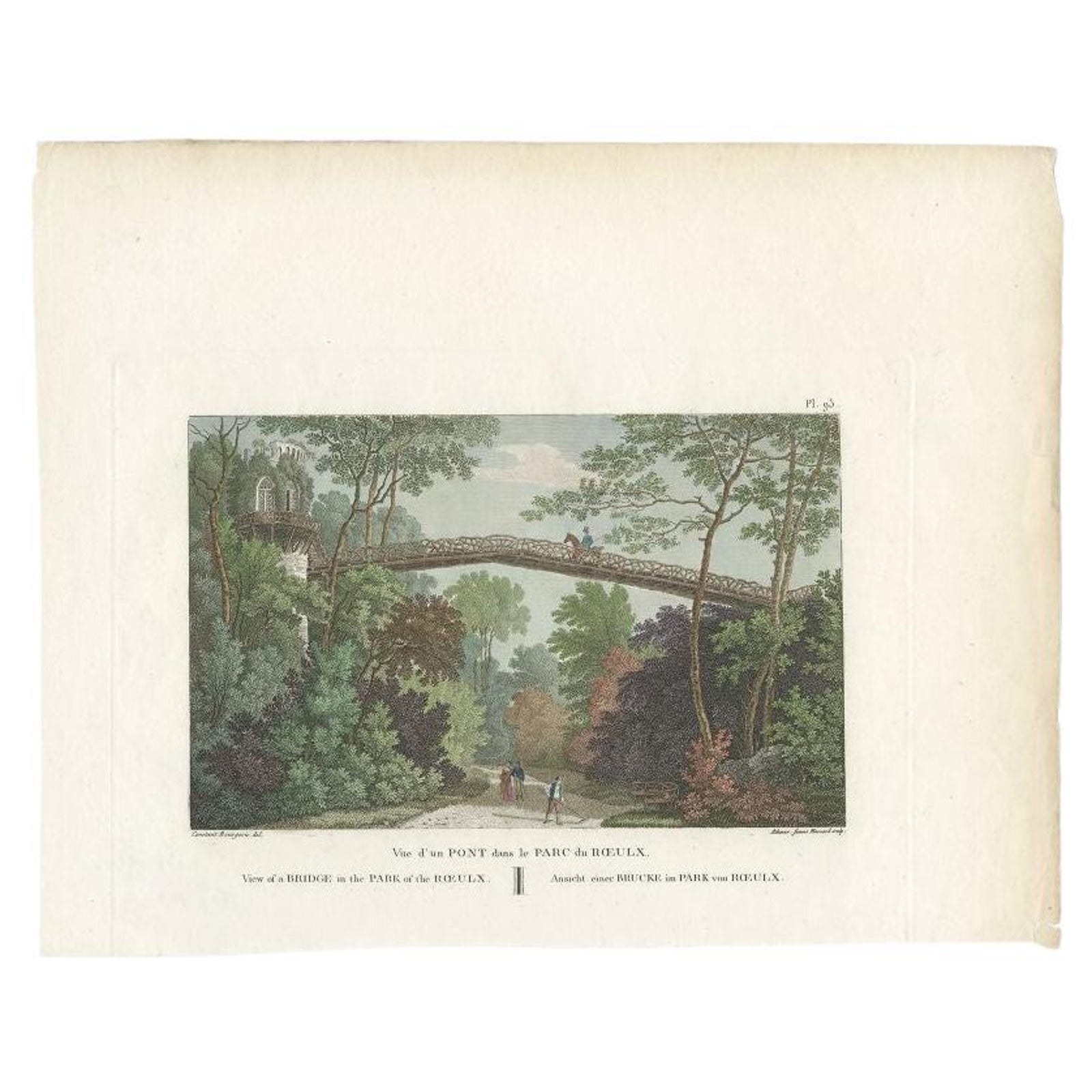 Antique Print of a Bridge in the Park of Roeulx in Belgium by Laborde, 1808