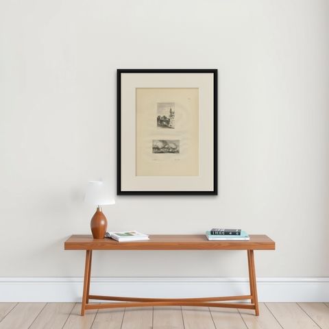 Egyptian City Architecture with Tower, Denon Engraving, 1802, shown framed on a wall, true to size