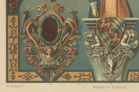 German Renaissance Painted Sculpture Print by Dolmetsch, Ornamentenschatz, 1887, close-up 3