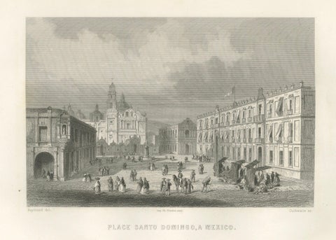 Plaza Santo Domingo Mexico City, Antique Architectural Engraving, 1867, close-up 1
