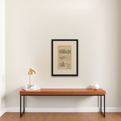 Antique Roman Chariot Reliefs and Medallions, Montfaucon Engraving, 1721, shown framed on a wall, true to size