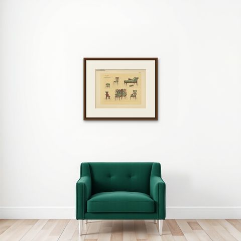Pl. 57 Antique Print of Seating Furniture by Kramer, circa 1910, shown framed on a wall, true to size