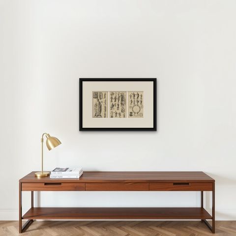 Antique Roman Sculpture Engravings, Set of 3, Montfaucon, 1721, shown framed on a wall, true to size