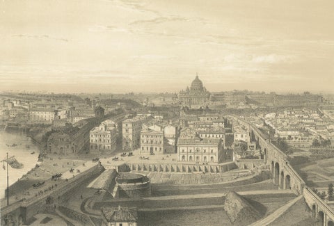 St Peter’s Basilica and Vatican Palace Panorama, Rome, Benoist 1869 Lithograph, close-up 1