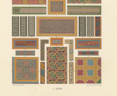 Celtic Knotwork and Borders, Antique Print of Interlacing Patterns, c.1869, close-up 1