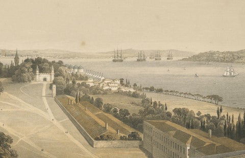 Rare 1852 Tinted Lithograph of Topkapi Palace Courtyard and Bosphorus, Istanbul, close-up 3