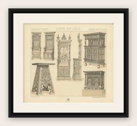 Pl 50 Antique Print of European 16th Century Furniture by Racinet, shown framed