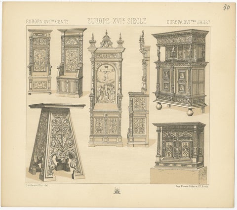 Pl 50 Antique Print of European 16th Century Furniture by Racinet, view 4